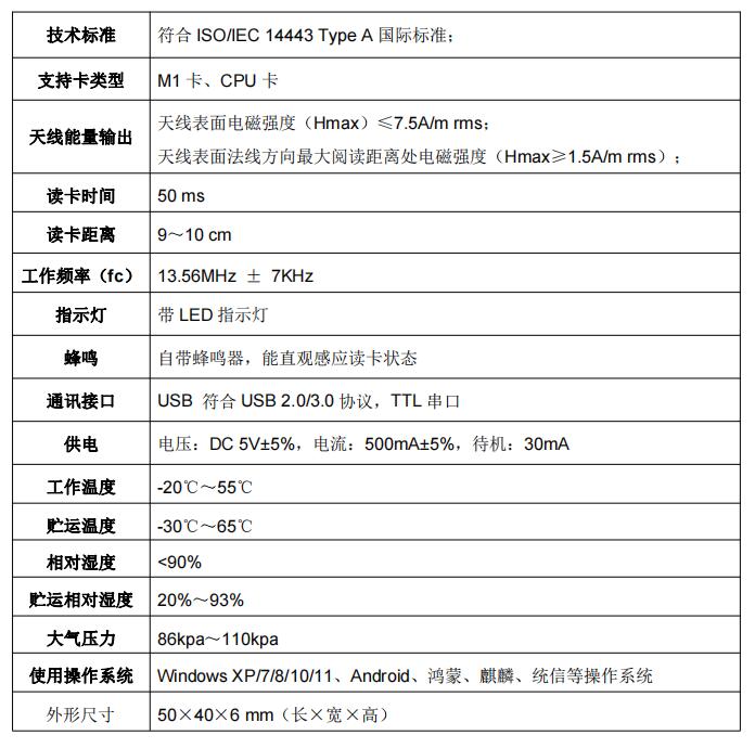 IC卡刷卡器模組性能參數(shù)